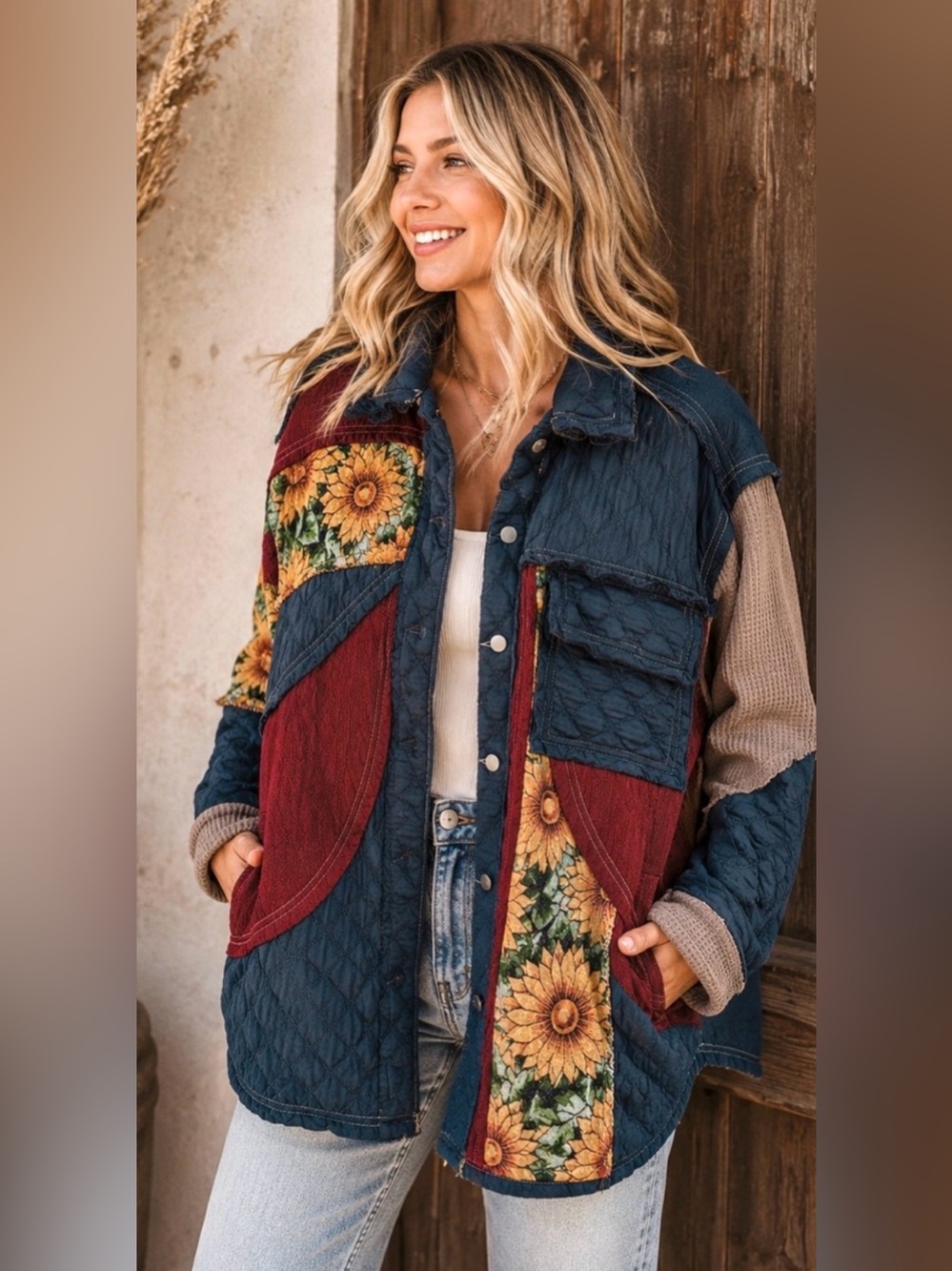 POL Quilted Sunflower Patchwork Jacket - Blue & Burgundy SMALL